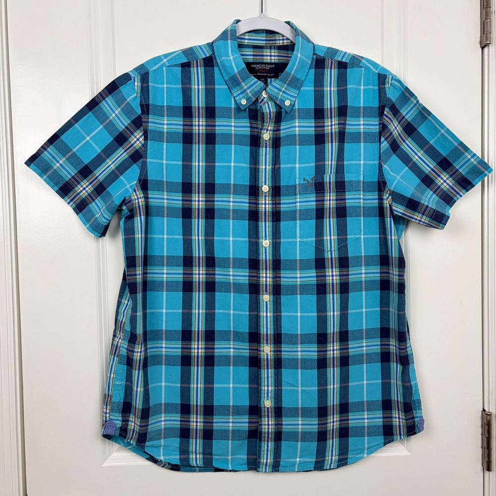 American Eagle Plaid Button Down‎ Shirt L Turquoise